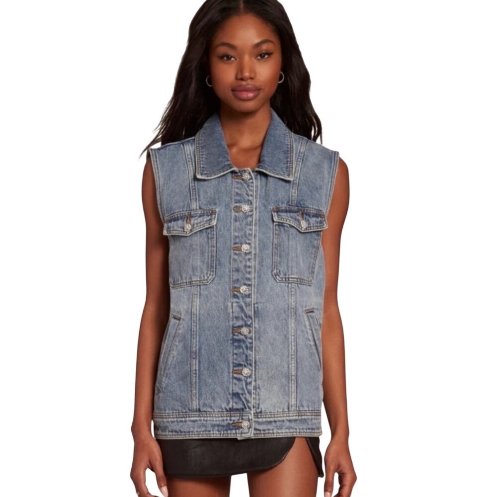 Amanda Uprichard NWT Greyson Denim Vest Rhinestone Buttons Size XS Pockets Blue